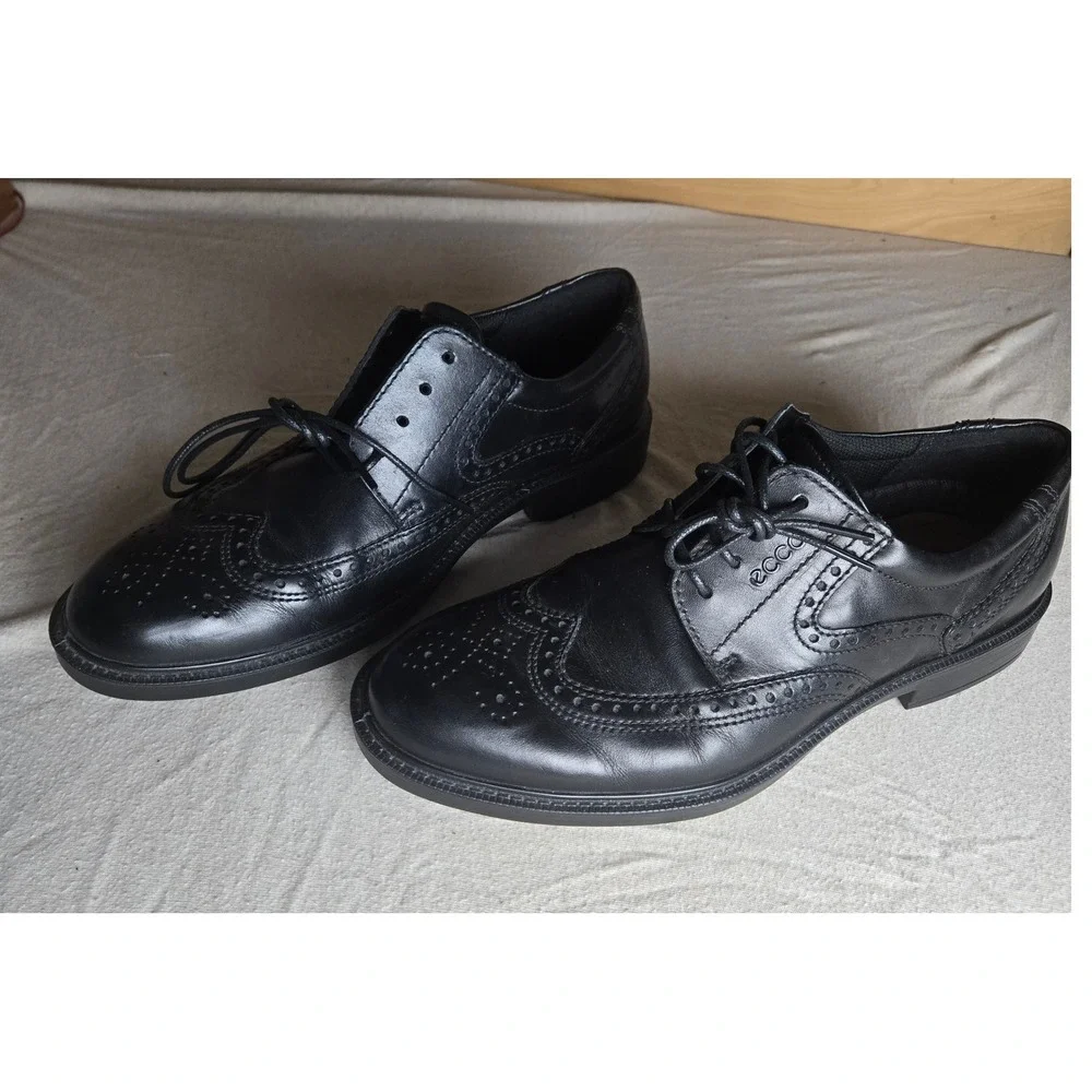 ECCO Wingtip Oxford Mens 9-9.5 Black Leather Brogue Dress Shoes Lace Up Like New